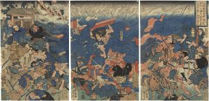 Kuniyoshi /  Miyamoto Musashi bursting out of the bathhouse [宮本無三四]