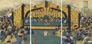 Kuniyoshi / Yoritomo Presiding at a War-council of All His Chief Followers in His Battle Against the Taira with the Rivalry of Sasaki and Kajiwara [源頼朝諸将を集め平家征伐の先陣を佐々木梶原にのぞむ図]