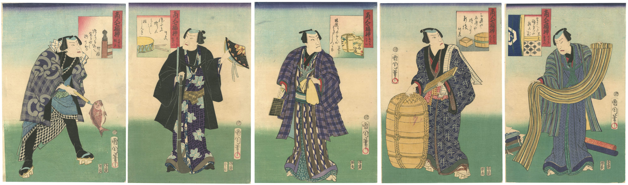 Kunichika “The Seven Lucky Gods Depicted as Merchants : 5 sheets out of 7 sheets”