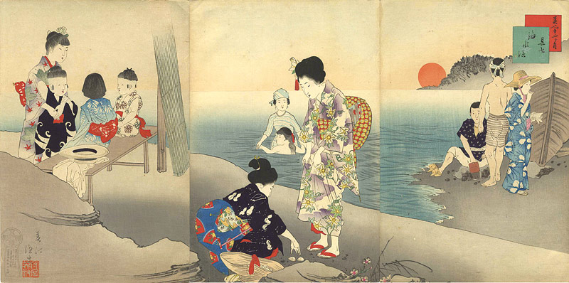 Shuntei “Beautiful Women for the Twelve Months / The 7th Months - Sea Bathing”