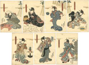 Toyokuni III / Seven Spring Herbs Represented by Girls Playing  [春遊娘七草]