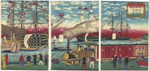 Hiroshige III / Picture of a Steam Locomotive along the Yokohama Waterfront [横浜海岸鉄道蒸気車図]