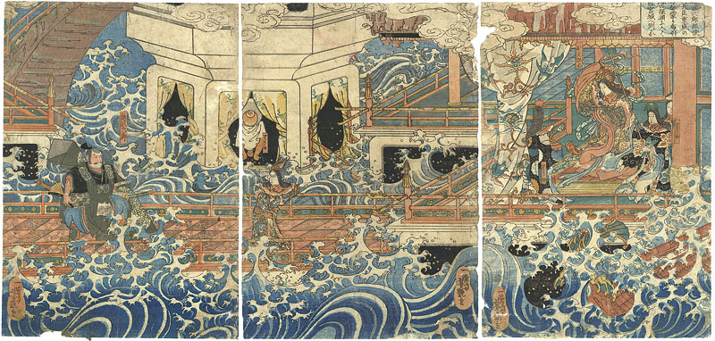 Yoshitsuya “Nanba Rokuro Tsuneto, by Order of Naidaijin Shigemori, Enters the Pool of Nunobiki Waterfall and Comes to the Dragon Palace”