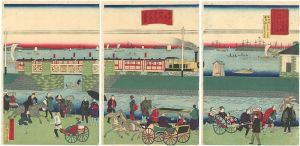 Hiroshige III / Train Passing Along Shinagawa Beach [東京品川海辺蒸気車鉄道之真景]