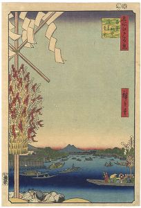 Hiroshige I / 100 Famous Views of Edo / Boats at Ryogoku Bridge with a Distant View of Asakusa [名所江戸百景　両国船中浅草遠景]