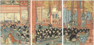 Kuniyoshi / Chushingura: Oboshi Yoshikane and the Other More than 40 Loyal Retainers Burn Incense at Enkakuji, Having Fulfilled Their Vow [大星良金ヲ始四十余人の義士本意を達し万昌山円覚寺引取焼香図]