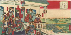 Toyokuni IV , Ikkei / Distant View of Hatcho Embankment from the Daikokuro [江戸町一丁目金瓶大黒楼上より八丁堤一覧の図]