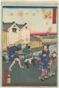 Ikkei / 36 Humorous Views of Tokyo / Shibaguchi Bridge [東京名所三十六戯撰　芝口橋]