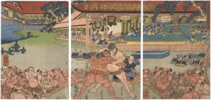 Kuniyoshi / The Great Wrestling Match Before Yoritomo and His Son Sanetomo: Chokyo Wrestling with Chikatsune [右大将頼朝公相撲御覧図]