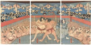 Yoshitora / Shimura Masazo Wrestling with Keyamura Rokusuke [彦山権現角刀之誉（志村政蔵・毛谷村六助）]