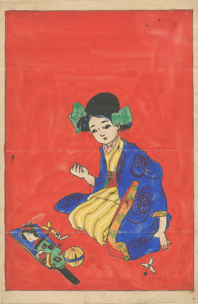 太田三郎「自筆画　少女と羽子板」