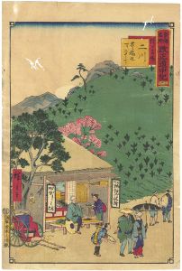Hiroshige III / Tokai Meisho Kaisei Gojusan-eki Kaisei Dochu-ki / #37 Futagawa [東海名所改正五十三駅　改正道中記　三十七　二川　猿が馬場　豊橋迄一り二十丁]