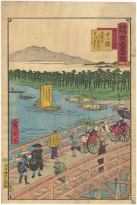 Hiroshige III / Tokai Meisho Kaisei Gojusan-eki Kaisei Dochu-ki / #38 Toyohashi [東海名所改正五十三駅　改正道中記　三十八　豊橋　豊川の大はし　御油迄二り半四丁豊川迄一り半]