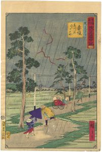 Hiroshige III / Tokai Meisho Kaisei Gojusan-eki Kaisei Dochu-ki / #40 Akasaka [東海名所改正五十三駅　改正道中記　四十　赤坂　縄手道夕立　藤川迄二り十五丁]