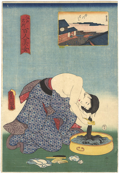 Toyokuni III, Kunihisa “Famous Places in Edo Compared with 100 Beauties / Imagawa Bridge	”