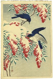 Ohara Koson(Shoson) / Nanten Bush and Fly-catchers in Snow