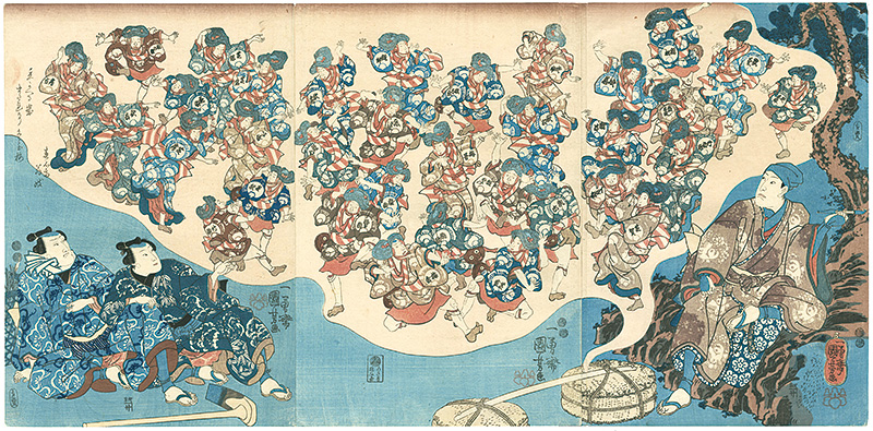 Kuniyoshi “Actors Nakamura Utaemon IV, Nakamura Fukusuke I, and Seki Sanjuro III, with A Vision of Dancers in The Sparrow Dance”