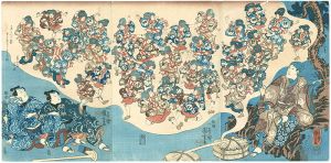 Kuniyoshi / Actors Nakamura Utaemon IV, Nakamura Fukusuke I, and Seki Sanjuro III, with A Vision of Dancers in The Sparrow Dance [雀踊り]