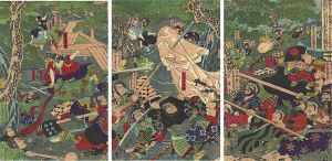 Yoshitsuya / Ushiwakamaru (the childhood name of Yoshitsune) fighting the robber Chohan [御曹司牛若丸橘次兄弟にともなわれて密に奥州下向の刻濃州青墓の宿の於て強賊張範を討]