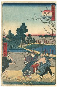 Hirokage / Comical Views of Famous Places in Edo / Plum Blossom Viewing Party in Umeyashiki near Azuma Shrine [江戸名所道外尽 三十五　吾嬬の森梅見もとり]