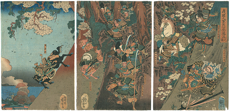 Kuniyoshi “The Figure which Yoshitsune's Army Executed a Surprise Attack of "Sakaotoshi" in The Battle of Ichinotani”