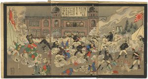 Kokunimasa / 1894 December 9th,  The Crown Prince Highness Watching the Play of the ”Sino-Japanese War” of Kawakami Ichiza [明治二十七年十二月九日上野祝捷大会ニ畏くも皇太子殿下博物館庭前ニ於て川上一座の日清戦争我が猛将勇士龍戦虎闘の演劇を御覧の図]