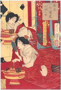 Yoshitoshi / Parody of Seven Nights with Beauties / Kesho no Kin (Make up) [美立七曜星　化粧の金]