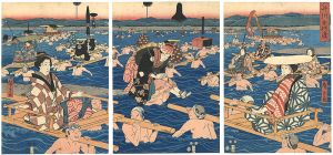 Hiroshige I / Fording the Oi River [大井川歩行渡]
