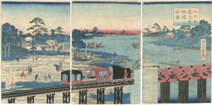 Ikkei / Train and Farmer at Rokugo River [六合陸蒸気車鉄道之全図]