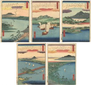 Hiroshige I / 8 Views of Omi / Descending Geese at Katata, Clearing Weather at Awazu, Evening Bell at Mii Temple, Evening Glow at Seta, Returning Sails at Yabase [近江八景　堅田落雁　粟津晴嵐　三井晩鐘　瀬田夕照　矢橋帰帆 ]