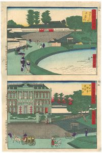 Hiroshige III / The Modern and Ancient Famous Places of Tokyo: Soto Sakurada [古今東京名所　（古）外さくら田弁慶堀（今）外桜田陸軍参謀本部]