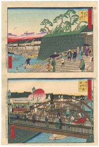 Hiroshige III / The Modern and Ancient Famous Places of Tokyo: Asakusa [古今東京名所　（古）浅草見付より柳橋の景（今）浅草の釣橋神田川 ]