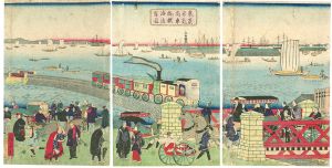 Hiroshige III / The Steam Locomotive at a shore, Takanawa, Tokyo [東京高輪海岸蒸気車鉄道図]