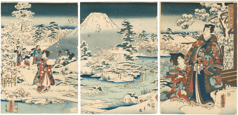 Toyokuni III, Hiroshige II	 “Genji by Collaborating Brushes / Snow in the Garden”