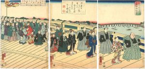 Kuniyoshi / The First Crossing of the Ryogoku Bridge on the 23rd Day of the 11th Month, 1855 [安政乙卯十一月廿三日 両国橋渡初之図]