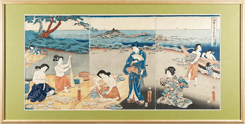 Toyokuni III “Genji on the Beach at Ise Watching Awabi Divers”
