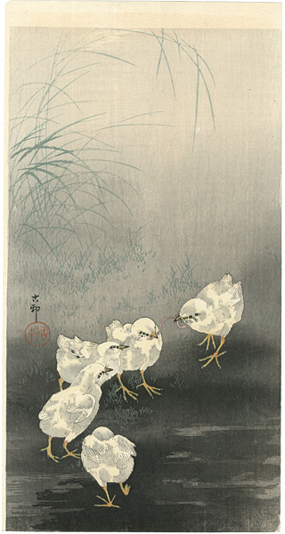 Ohara Koson(Shoson) “Chicks Fighting over a Worm”