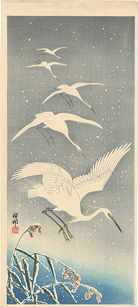 小原古邨（祥邨）「雪中の白鷺（仮題）」