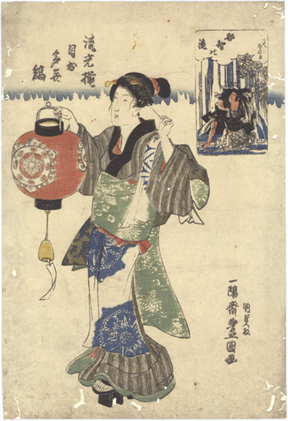 Toyokuni III, Kunimasa “A Popular Collection of Auspicious Stripes / Nachi Waterfall”