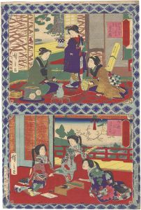 Hiroshige III / Models of Virture for Women / Flower Arrangement and Poetry Contest [婦人教訓鏡　いけ花ならびにさし花の図・御歌あはせの景]