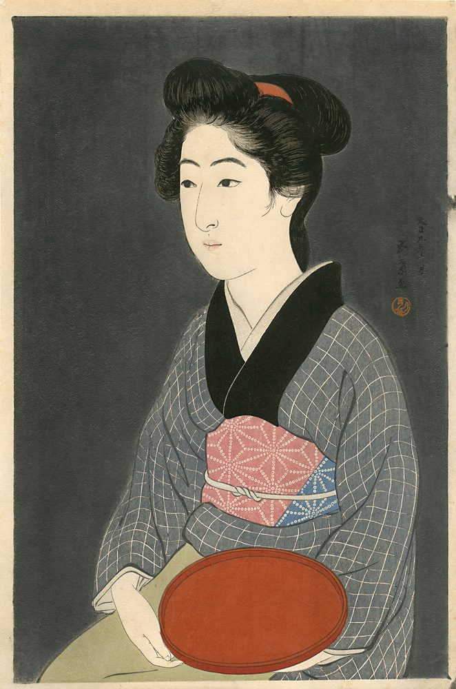 Hashiguchi Goyo “Waitress with a Red Tray (Portrait of Onao, a Maid at the Matsuyoshi Inn, Kyoto)”