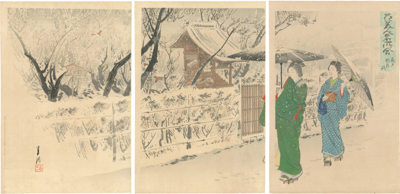Gekko “Flowers and Beautiful Women at Famous Places / Garyo Bai (Reclining Dragon Plum Tree) at Kameido”