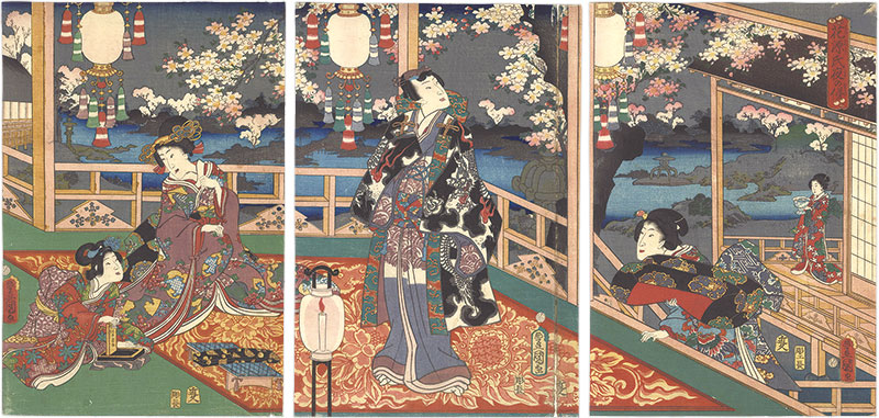 Toyokuni III “Genji Reflects on the Blossoms at Night”