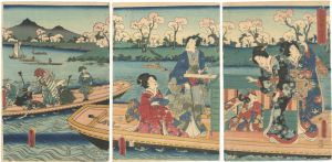 Toyokuni III / Flowers and Birds: Genji and His Companions Sharing a Boat  [花鳥乗合源氏]
