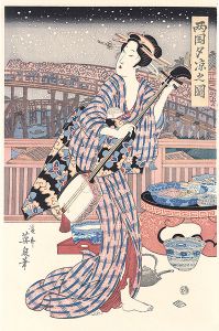 Eisen /  Enjoying the Cool of Evening at Ryogoku Bridge【Reproduction】 [両国夕涼之図【復刻版】]