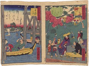 Ikkei / Thirty-six Amusing Views of Famous Places in Tokyo / Flower Garden in Yotsuya and Azuma Bridge [東京名所三十六戯撰　四ツ谷花やしき 吾妻はし]