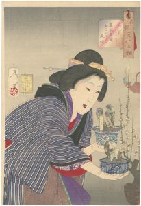 Yoshitoshi / Thirty-two Aspects of Customs and Manners / Looking as if She Wants to Buy: The Appearance of a Proprietress of the Kaei Era [風俗三十二相　かいたさう 嘉永年間おかみさんの風俗]
