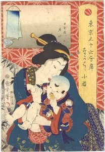 Kunichika / 36 Tokyo Restaurants / The Uosen Restaurant in Nihonbashi, with the Geisha Kowaka of Nakahashi [東京三十六会席 なかはし 小若 - 日本橋 魚仙]