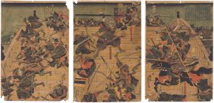Yoshitora / Benkei Fighting on the Bridge at the Battle of Takadachi on the Koromo River in Oshu in Bunji 3 (1187) [文治三年閏四月廿八日 奥州高館合戦の時]