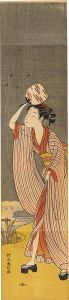 Harunobu / Beauty Holding a Fan with Fireflies (tentative title)【Reproduction】 [団扇美人に蛍（仮題）【復刻版】]
